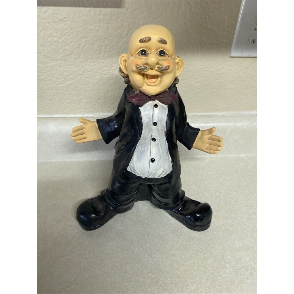 Vintage 10.5" Resin Statue Figure Waiter Butler Black Suit Wine Holder Decor